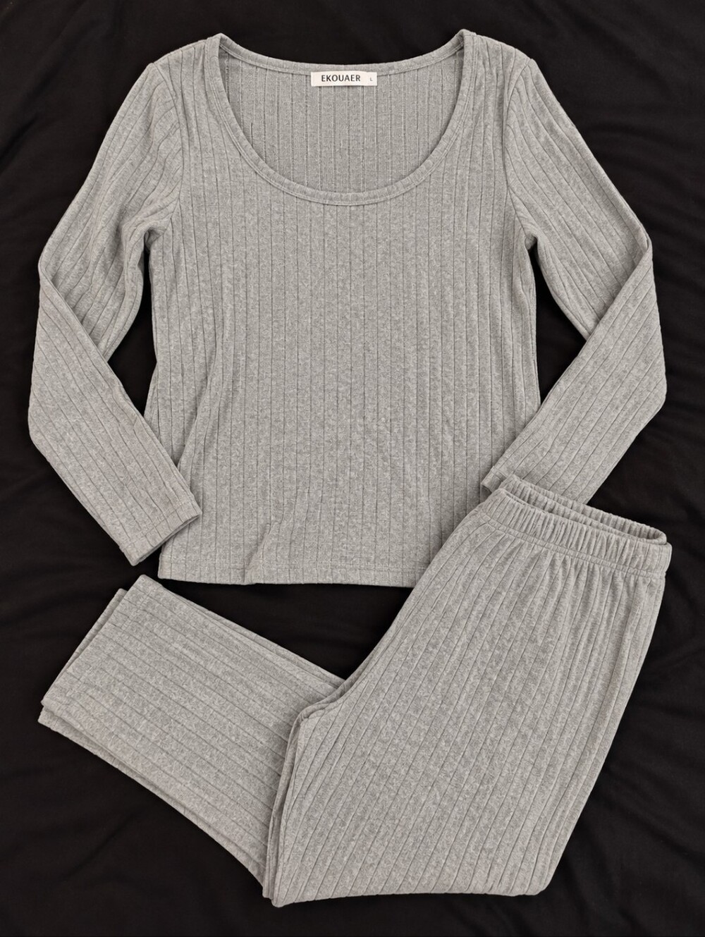 Women's Ribbed Long-Sleeve Sleep Set in Light Gray